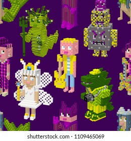 Fairy princess and guitar player, mermaid,monsters on the cosplay fashion party.Funny kids characters.Pixel art,3D cubes,colored isometric,digital game style.Boy and girl love.Seamless pattern.Vector