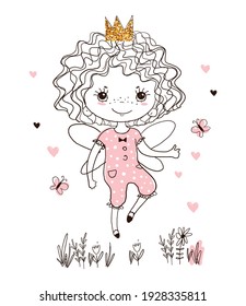 Fairy princess, little girl with wings and butterflies. Baby nursery poster, cute curly haired baby with crown. Hand drawn sketch isolated on white background, vector illustration.