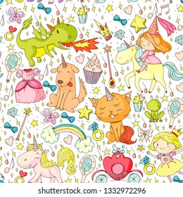 Fairy princess and magical unicorns. Vector pattern with magic cats, horses, dogs.