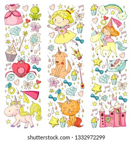 Fairy princess and magical unicorns. Vector pattern with magic cats, horses, dogs.