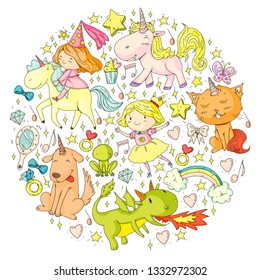 Fairy princess and magical unicorns. Vector pattern with magic cats, horses, dogs.
