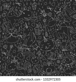 Fairy princess and magical unicorns. Vector pattern with magic cats, horses, dogs.