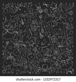 Fairy princess and magical unicorns. Vector pattern with magic cats, horses, dogs.