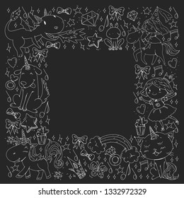 Fairy princess and magical unicorns. Vector pattern with magic cats, horses, dogs.