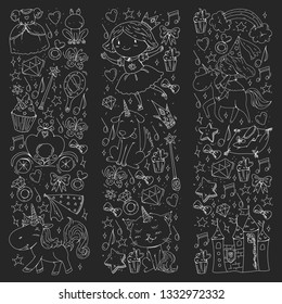 Fairy princess and magical unicorns. Vector pattern with magic cats, horses, dogs.