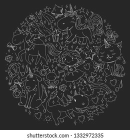 Fairy princess and magical unicorns. Vector pattern with magic cats, horses, dogs.