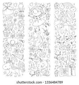 Fairy princess and magical unicorns. Vector pattern with magic cats, horses, dogs.