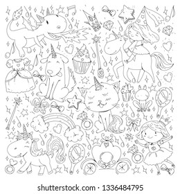Fairy princess and magical unicorns. Vector pattern with magic cats, horses, dogs.