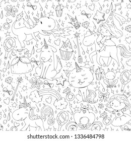 Fairy princess and magical unicorns. Vector pattern with magic cats, horses, dogs.
