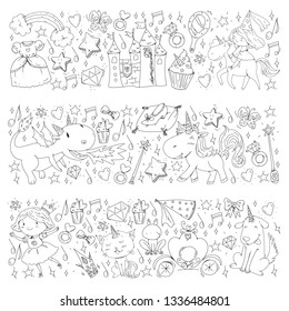 Fairy princess and magical unicorns. Vector pattern with magic cats, horses, dogs.