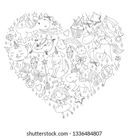 Fairy princess and magical unicorns. Vector pattern with magic cats, horses, dogs.