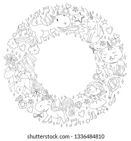 Fairy princess and magical unicorns. Vector pattern with magic cats, horses, dogs.