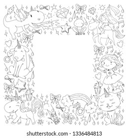 Fairy princess and magical unicorns. Vector pattern with magic cats, horses, dogs.