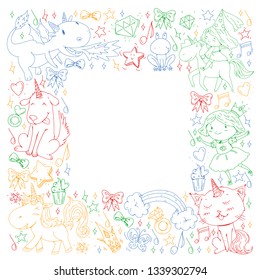 Fairy princess and magical unicorns. Vector pattern with magic cats, horses, dogs.