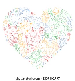 Fairy princess and magical unicorns. Vector pattern with magic cats, horses, dogs.