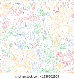 Fairy princess and magical unicorns. Vector pattern with magic cats, horses, dogs.