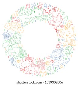 Fairy princess and magical unicorns. Vector pattern with magic cats, horses, dogs.