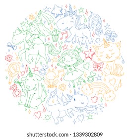 Fairy princess and magical unicorns. Vector pattern with magic cats, horses, dogs.