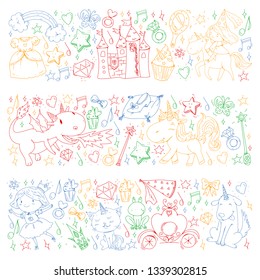 Fairy princess and magical unicorns. Vector pattern with magic cats, horses, dogs.