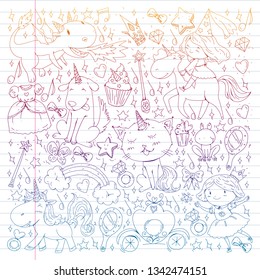 Fairy princess and magical unicorns. Vector pattern with magic cats, horses, dogs.