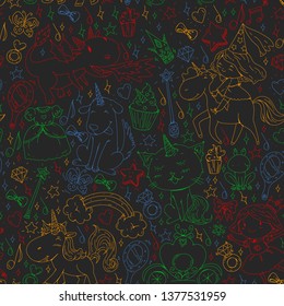 Fairy princess and magical unicorns. Vector pattern with magic cats, horses, dogs.