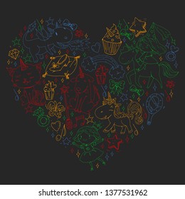 Fairy princess and magical unicorns. Vector pattern with magic cats, horses, dogs.