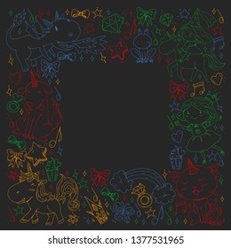 Fairy princess and magical unicorns. Vector pattern with magic cats, horses, dogs.