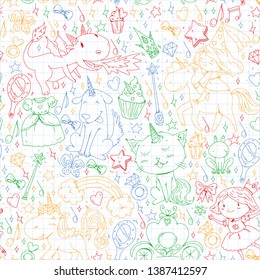Fairy princess and magical unicorns. Vector pattern with magic cats, horses, dogs.
