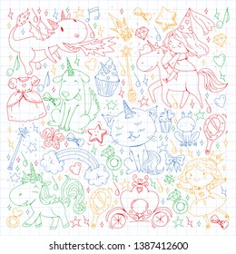Fairy princess and magical unicorns. Vector pattern with magic cats, horses, dogs.