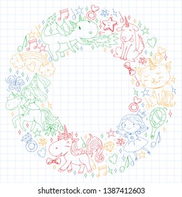 Fairy princess and magical unicorns. Vector pattern with magic cats, horses, dogs.