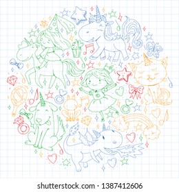 Fairy princess and magical unicorns. Vector pattern with magic cats, horses, dogs.