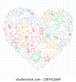 Fairy princess and magical unicorns. Vector pattern with magic cats, horses, dogs.