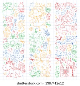 Fairy princess and magical unicorns. Vector pattern with magic cats, horses, dogs.