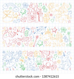 Fairy princess and magical unicorns. Vector pattern with magic cats, horses, dogs.