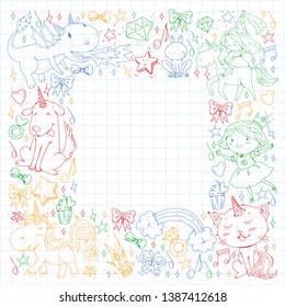 Fairy princess and magical unicorns. Vector pattern with magic cats, horses, dogs.