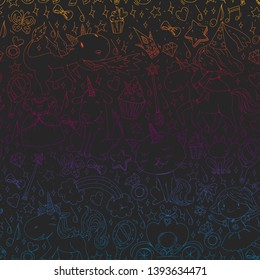 Fairy princess and magical unicorns. Vector pattern with magic cats, horses, dogs.