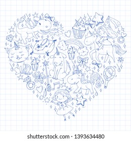 Fairy princess and magical unicorns. Vector pattern with magic cats, horses, dogs.