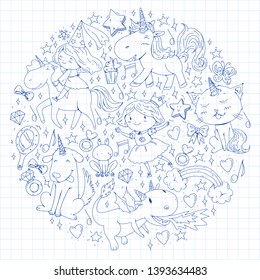 Fairy princess and magical unicorns. Vector pattern with magic cats, horses, dogs.