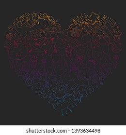 Fairy princess and magical unicorns. Vector pattern with magic cats, horses, dogs.