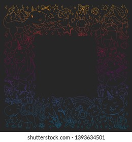 Fairy princess and magical unicorns. Vector pattern with magic cats, horses, dogs.