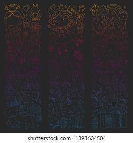 Fairy princess and magical unicorns. Vector pattern with magic cats, horses, dogs.