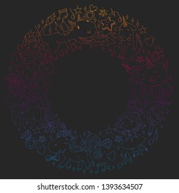 Fairy princess and magical unicorns. Vector pattern with magic cats, horses, dogs.