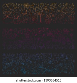 Fairy princess and magical unicorns. Vector pattern with magic cats, horses, dogs.