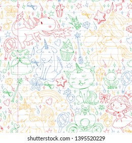 Fairy princess and magical unicorns. Vector pattern with magic cats, horses, dogs.