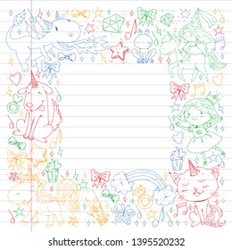 Fairy princess and magical unicorns. Vector pattern with magic cats, horses, dogs.