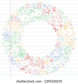 Fairy princess and magical unicorns. Vector pattern with magic cats, horses, dogs.