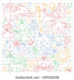 Fairy princess and magical unicorns. Vector pattern with magic cats, horses, dogs.
