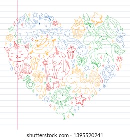 Fairy princess and magical unicorns. Vector pattern with magic cats, horses, dogs.