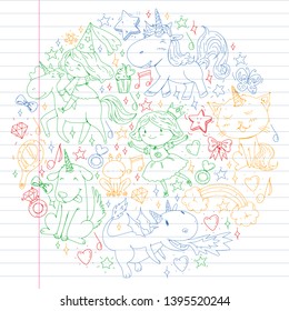 Fairy princess and magical unicorns. Vector pattern with magic cats, horses, dogs.
