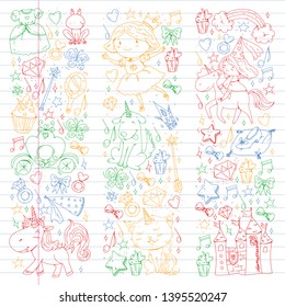 Fairy princess and magical unicorns. Vector pattern with magic cats, horses, dogs.